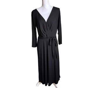 Loft Black Front Wrap Belted Waist V-neck Midi Dress Size 14